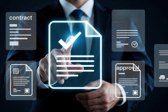 Businessman uses digital interface to sign electronic contract. Man manages online procurement process with virtual documents, invoices, approval tasks. Professional male handles B2B sourcing, supply