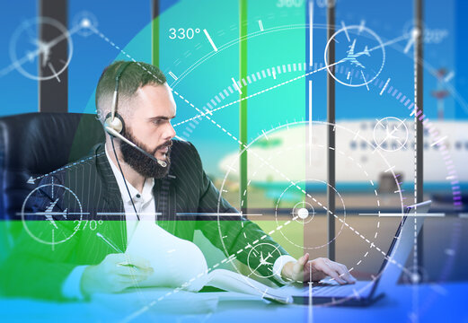 Air traffic control, airport dispatcher uses a laptop and radio headset to coordinate aircraft movements, monitor flight routes and manage aviation operations.