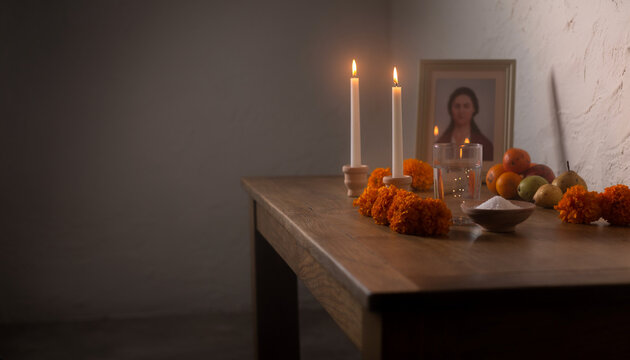 Home ofrenda with cempasuchil marigolds, candles and water glass, Day of the Dead