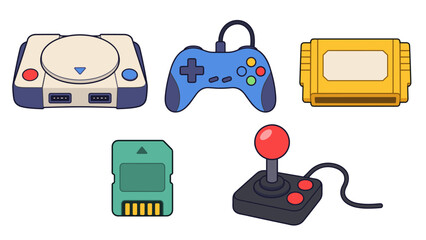 Retro gaming console and accessories including gamepad and joystick © Andrei