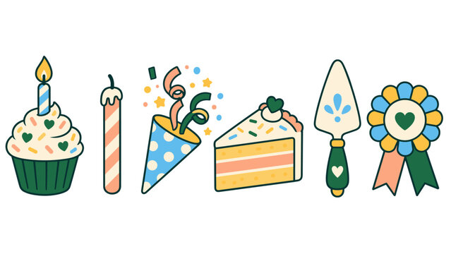 Hand drawn set of birthday treats and party decorations