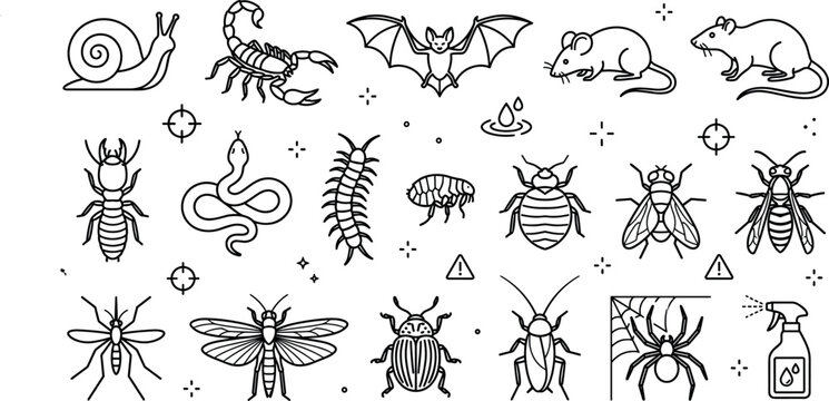 Pest control icons set in black and white line art style featuring household insects rodents spider web and exterminator spray