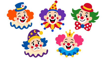 Set of colorful cartoon clown faces with varied expressions © Andrei
