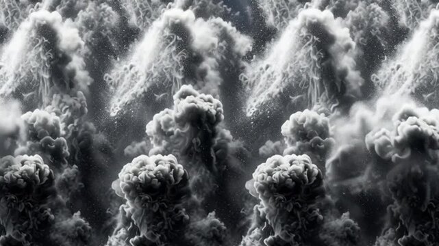Explosive Mushroom Clouds and Smoke Billows in Dramatic Dark Atmosphere