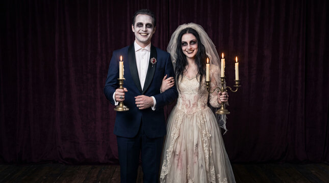 A couple in gothic wedding attire, holding candelabras with lit candles, representing a spooky, dramatic scene.