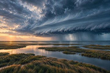 Fototapeta premium Dramatic shelf cloud above a tranquil coastal marsh at sunset