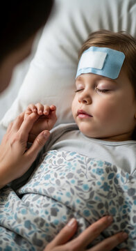 A sleeping child with a cooling patch on their forehead, held by an adult's hand, symbolizing comfort and care during illness or recovery