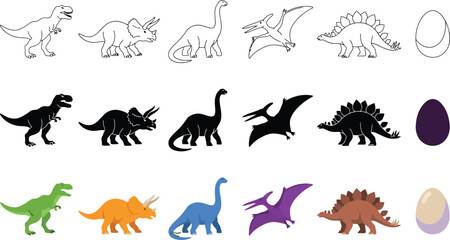 Dinosaur vector set with outline, black silhouette and colorful cartoon styles of T-rex, triceratops, brachiosaurus, pterodactyl, stegosaurus and dino egg for kids design © MdA