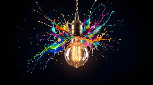 Abstract paint splash bursting from glowing electric bulb.