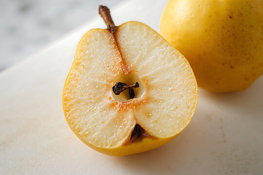A close-up view of a fresh yellow pear cut in half, revealing the light-colored juicy flesh and seeds, resting on a white textured surface board