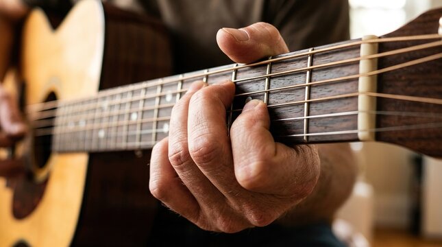 Close Up of Musician Playing Acoustic Guitar Fretboard Warm Lighting