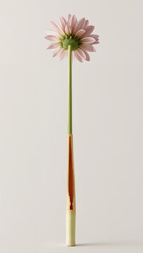 A pink gerbera daisy flower on a long stem that has been cut open to reveal the hollow interior structure, isolated on a light grey background