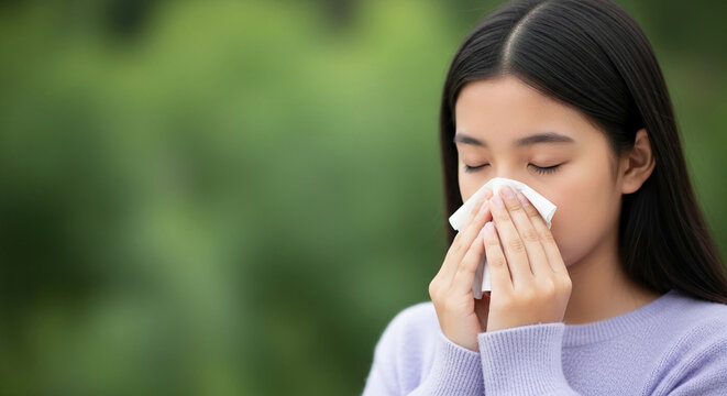 Close-up of a young woman blowing her nose with a tissue, symbolizing illness or allergies, set against a soft green background