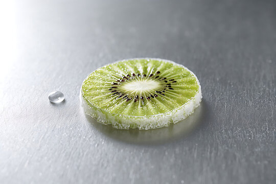 A single thin slice of fresh green kiwi fruit with a sugar-coated edge placed on a brushed metallic surface next to a tiny clear water droplet