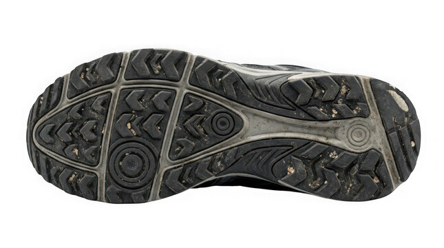 Dirty black rubber sole of a sneaker shoe with a textured tread pattern isolated on transparent background