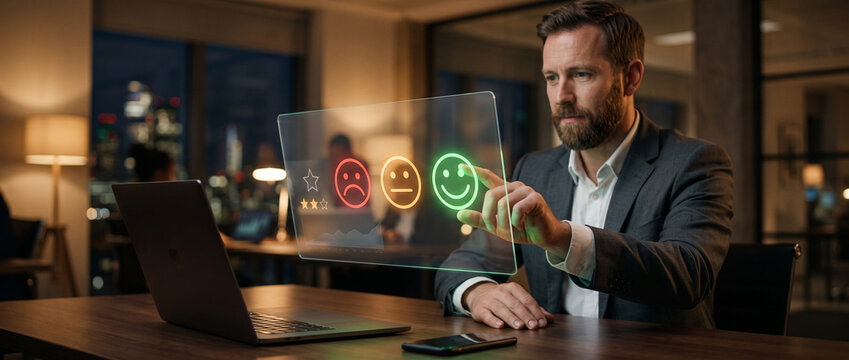 Office worker evaluating customer experience through a digital satisfaction rating dashboard beside a laptop and smartphone, customer review, user feedback, service evaluation, consumer satisfaction, 
