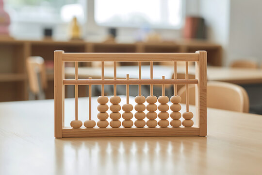 A wooden abacus with light-colored beads arranged on vertical rods, sitting on a wooden table in a blurred classroom or educational environment
