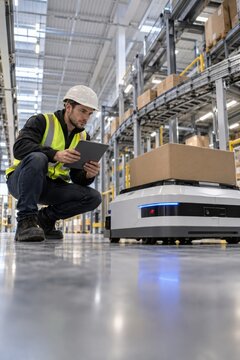 Worker Inspecting Autonomous Warehouse Robot