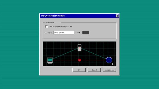 Retro 90s Computer Proxy Configuration Dialog Box with Network Diagram