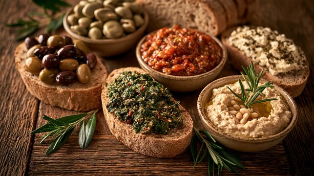 Antipasti selection with bruschetta, hummus, and olives