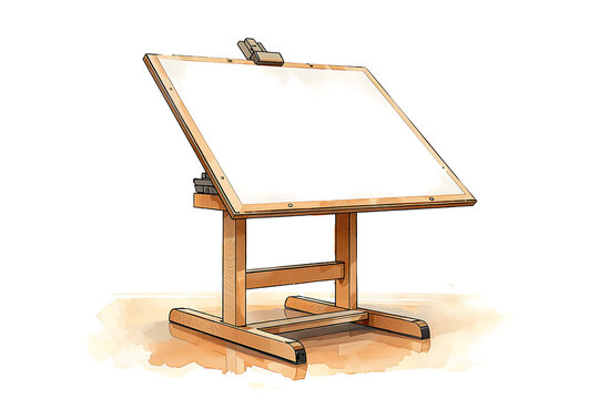 An empty wooden board or drafting table with a white surface, standing on a sturdy wooden base, isolated on a clean white background
