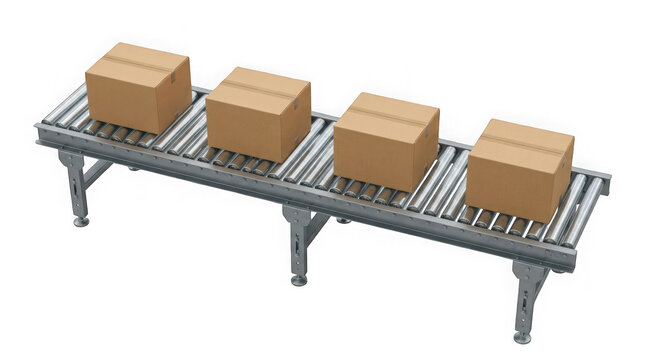 Cardboard boxes moving on a metal roller conveyor system isolated on transparent background