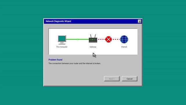 Retro 90s Computer Network Diagnostic Wizard Window Screen