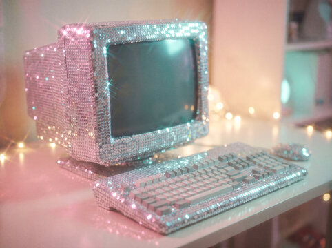 Vintage old desktop PC fully covered with sparkling silver sequins sits on dark desk under pink and cyan ambient lighting.