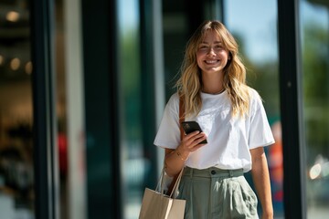 Fototapeta premium Young woman leaving modern store with smartphone and shopping bag