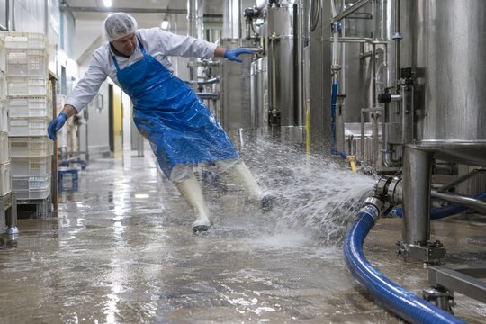 Food Plant Worker Slipping on Wet Floor