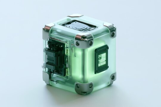 3D frosted glassmorphic secure hardware case container with blue neon glow and digital display screen, abstract futuristic cyber security or industrial iot design element