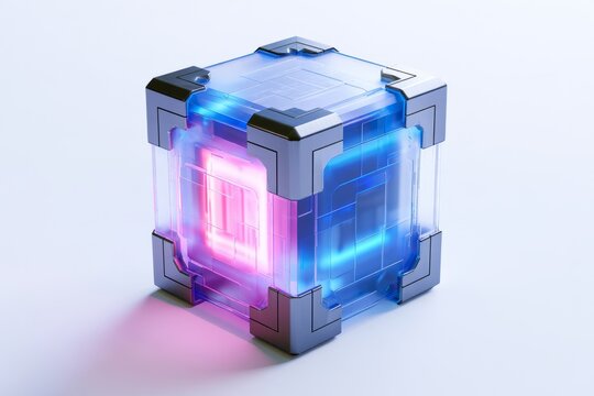 3D frosted glassmorphic secure hardware case container with blue neon glow and digital display screen, abstract futuristic cyber security or industrial iot design element