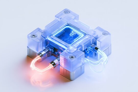 3D frosted glassmorphic secure hardware tactical case with blue and orange neon glow latches, abstract futuristic cyber security or industrial web3 data vault design element