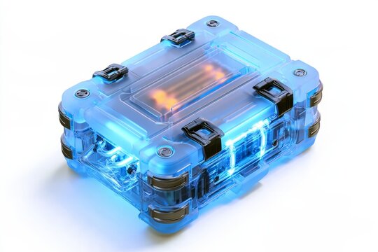 3D frosted glassmorphic secure hardware tactical case with blue and orange neon glow latches, abstract futuristic cyber security or industrial web3 data vault design element