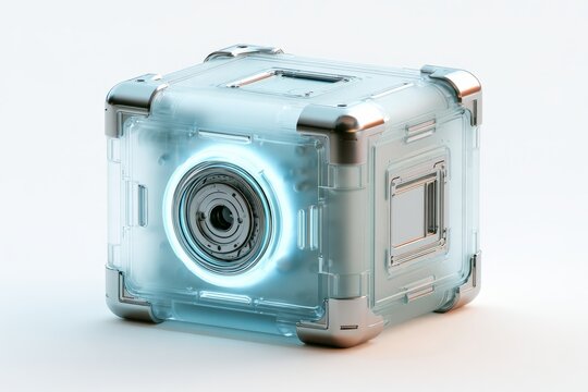 3D frosted glassmorphic quantum generator module with blue neon core light and chrome metal corners, abstract futuristic cyber security or greentech hardware design element