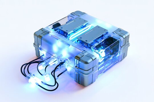 3D frosted glassmorphic secure hardware tactical case with blue and orange neon glow latches, abstract futuristic cyber security or industrial web3 data vault design element