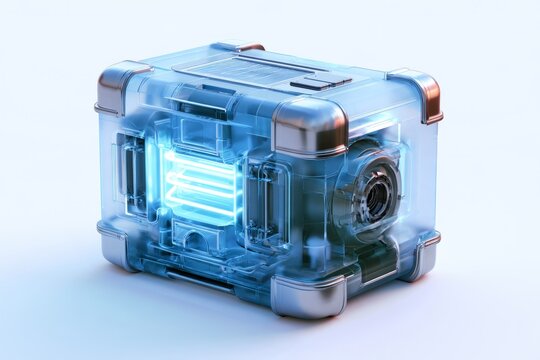 3D frosted glassmorphic quantum generator module with blue neon core light and chrome metal corners, abstract futuristic cyber security or greentech hardware design element