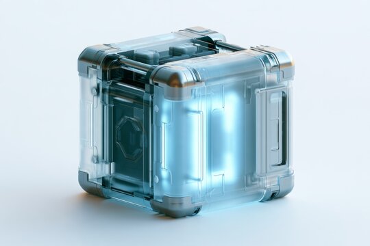 3D frosted glassmorphic quantum generator module with blue neon core light and chrome metal corners, abstract futuristic cyber security or greentech hardware design element