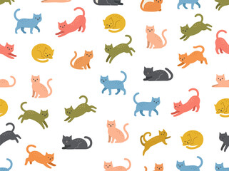 Obraz premium Seamless Playful Cat Vector Pattern with Jumping and Stretching Kittens on White Background