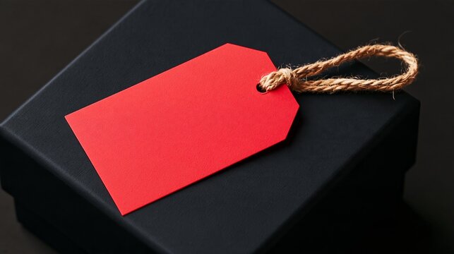 Blank red price tag with coarse brown twine resting on a matte black rectangular gift box against a dark background, isolated product still life composition