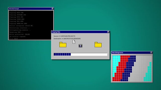 Retro 90s Computer Desktop Interface with File Copying and Disk Defragmenter