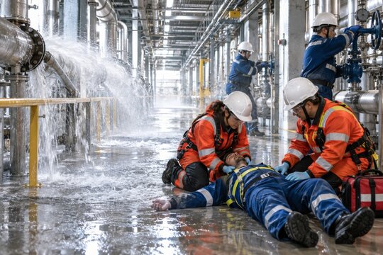 Rescue Team Treating Worker on Wet Factory Floor