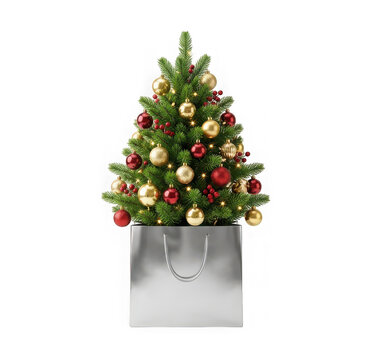 Small decorated christmas tree in a metallic silver gift bag, isolated on transparent background