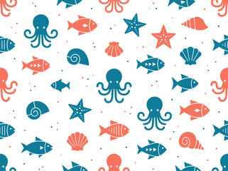 Obraz premium Seamless Underwater Vector Pattern with Octopus, Fish, Starfish and Seashells in Blue and Teal