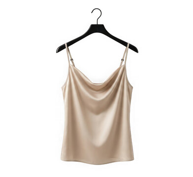 Beige silk camisole on black hanger isolated on transparent background