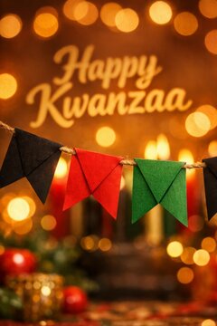 Colorful pennant garland and candles with festive lights for kwanzaa celebration banner and holiday greeting background with warm bokeh effect