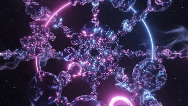 Abstract Crystal Structure: A mesmerizing geometric fractal pattern composed of translucent, crystalline structures, glowing with vibrant pink and blue neon lights against a dark, cosmic background.