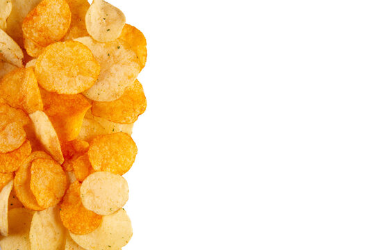 Border of potato chips isolated on transparent background. Irresistibly crunchy snack with a hint of sweetness