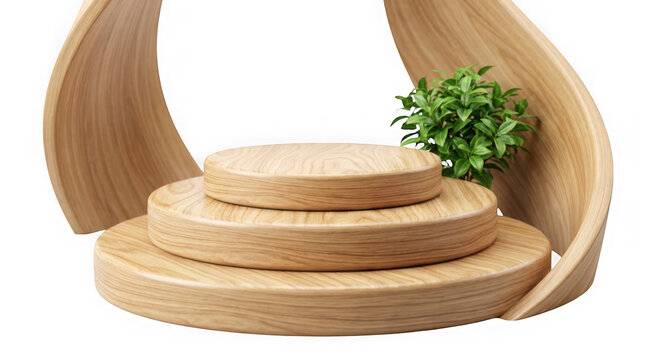 Empty wooden product display podium with three circular tiers and decorative plant isolated on transparent background