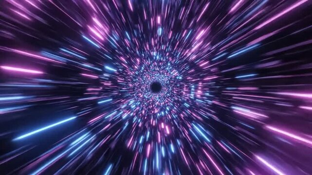 Warp Speed Tunnel: A vibrant abstract visualization of a wormhole or hyperspace tunnel, depicted with streaks of neon pink and blue light converging towards a central point.